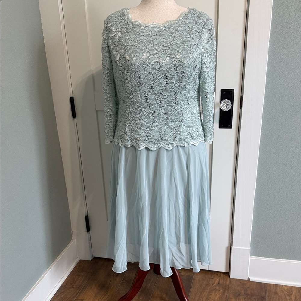 Alex Evenings Mint Green Lace Long Sleeve Dress tea length